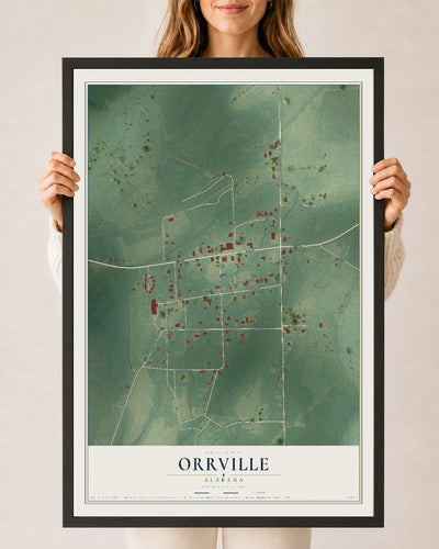 Map of Orrville, Alabama, 24 x 36 inch print in a black wood frame