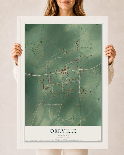 Map of Orrville, Alabama, 24 x 36 inch print in a white wood frame