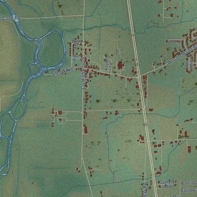 Second close-up of the map of Owens Cross Roads, Alabama print showing more streets and buildings
