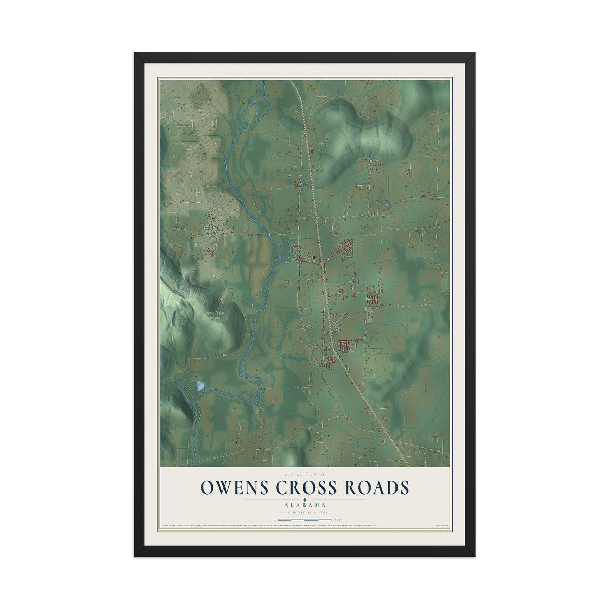 Map of Owens Cross Roads, Alabama, 12 x 18 inch print in a black wood frame