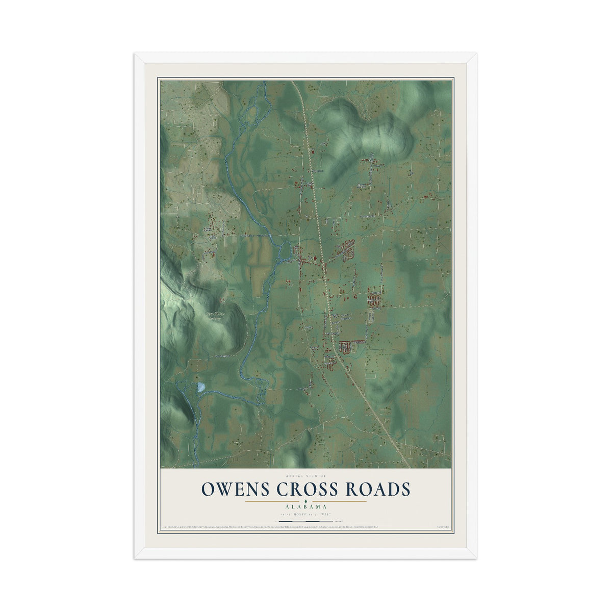 Map of Owens Cross Roads, Alabama, 12 x 18 inch print in a white wood frame