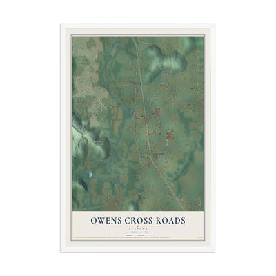 Map of Owens Cross Roads, Alabama, 12 x 18 inch print in a white wood frame