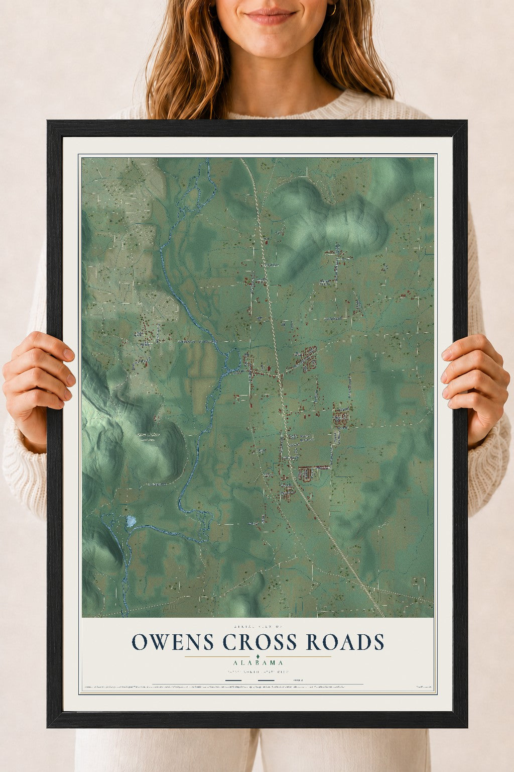 Map of Owens Cross Roads, Alabama, 18 x 24 inch print in a black wood frame
