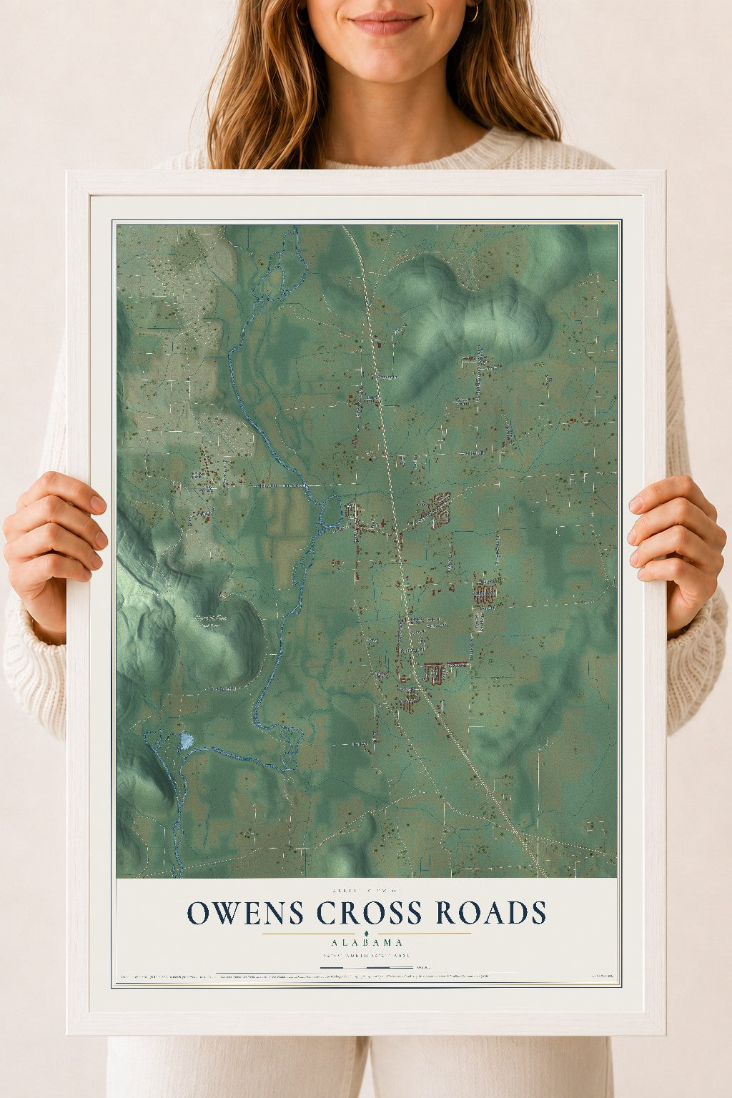 Map of Owens Cross Roads, Alabama, 18 x 24 inch print in a white wood frame