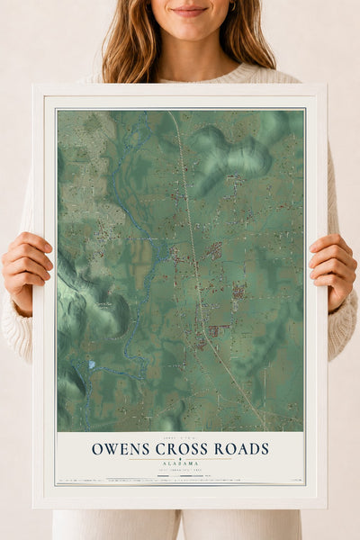 Map of Owens Cross Roads, Alabama, 18 x 24 inch print in a white wood frame