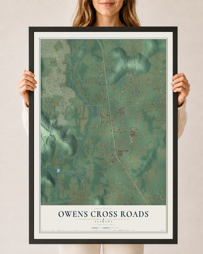 Map of Owens Cross Roads, Alabama, 24 x 36 inch print in a black wood frame