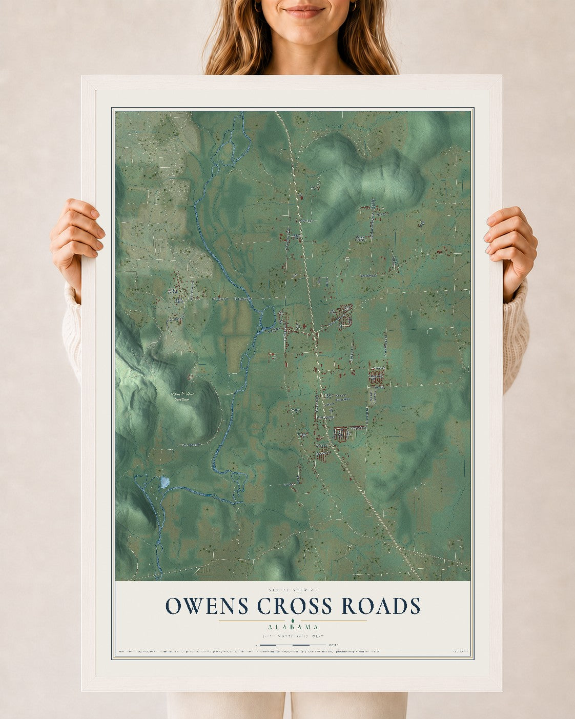 Map of Owens Cross Roads, Alabama, 24 x 36 inch print in a white wood frame