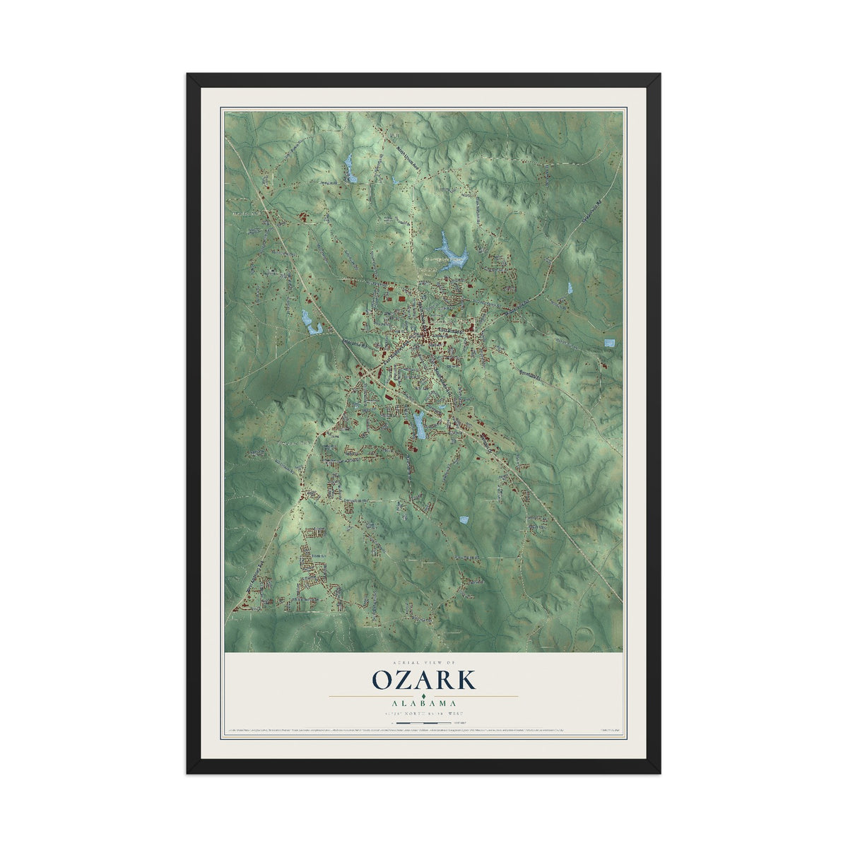 Map of Ozark, Alabama, 12 x 18 inch print in a black wood frame