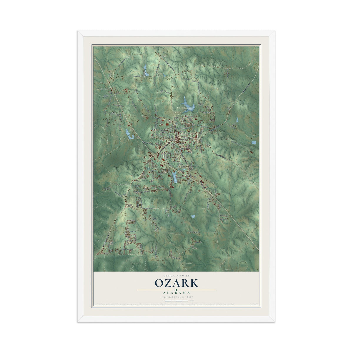 Map of Ozark, Alabama, 12 x 18 inch print in a white wood frame