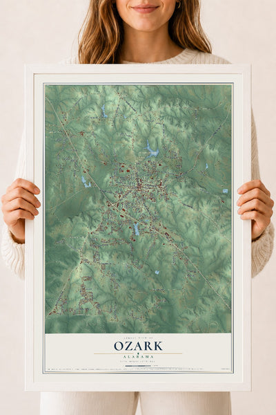 Map of Ozark, Alabama, 18 x 24 inch print in a white wood frame