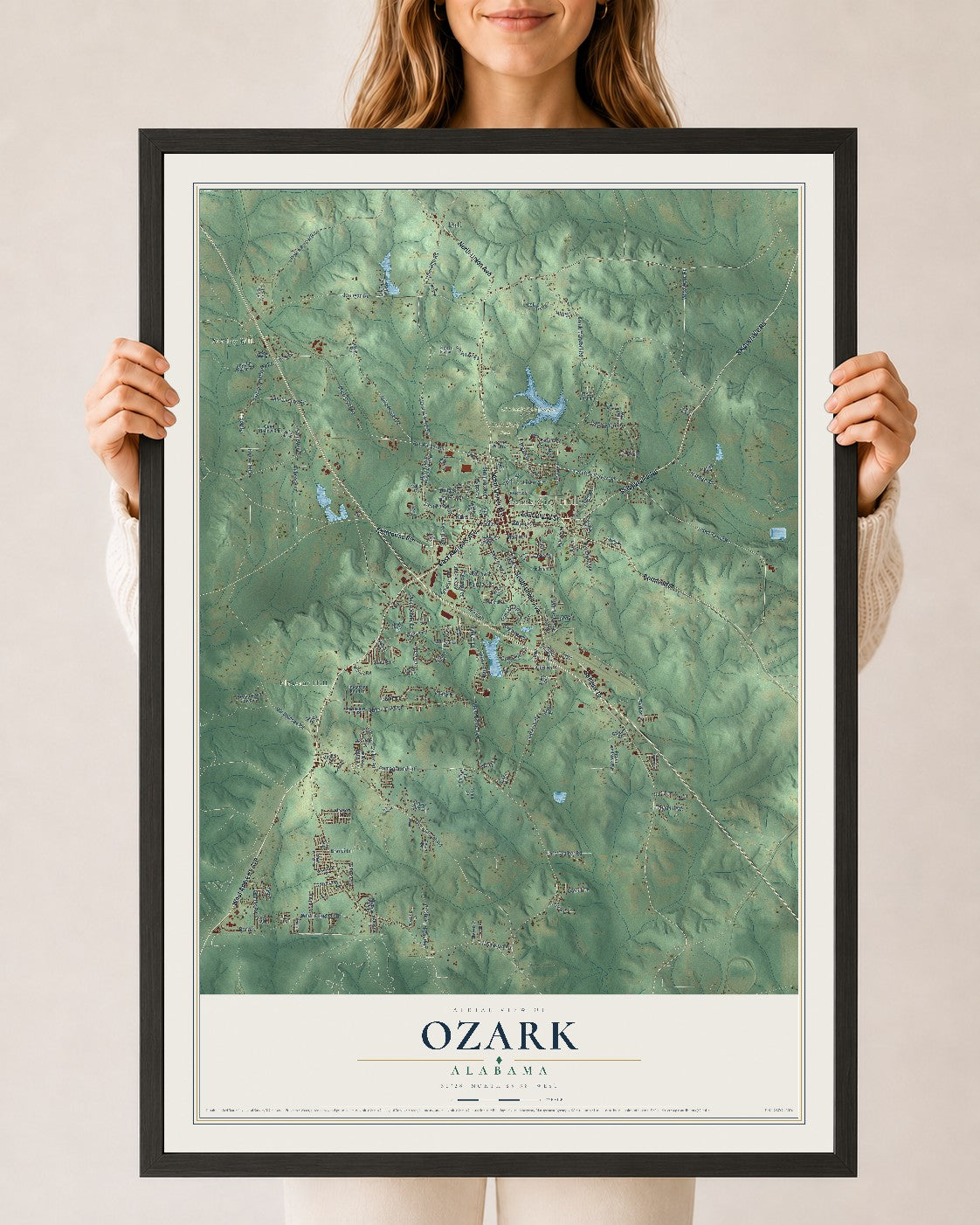 Map of Ozark, Alabama, 24 x 36 inch print in a black wood frame