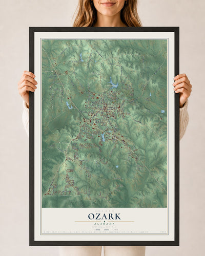 Map of Ozark, Alabama, 24 x 36 inch print in a black wood frame