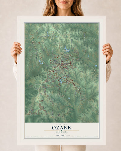 Map of Ozark, Alabama, 24 x 36 inch print in a white wood frame