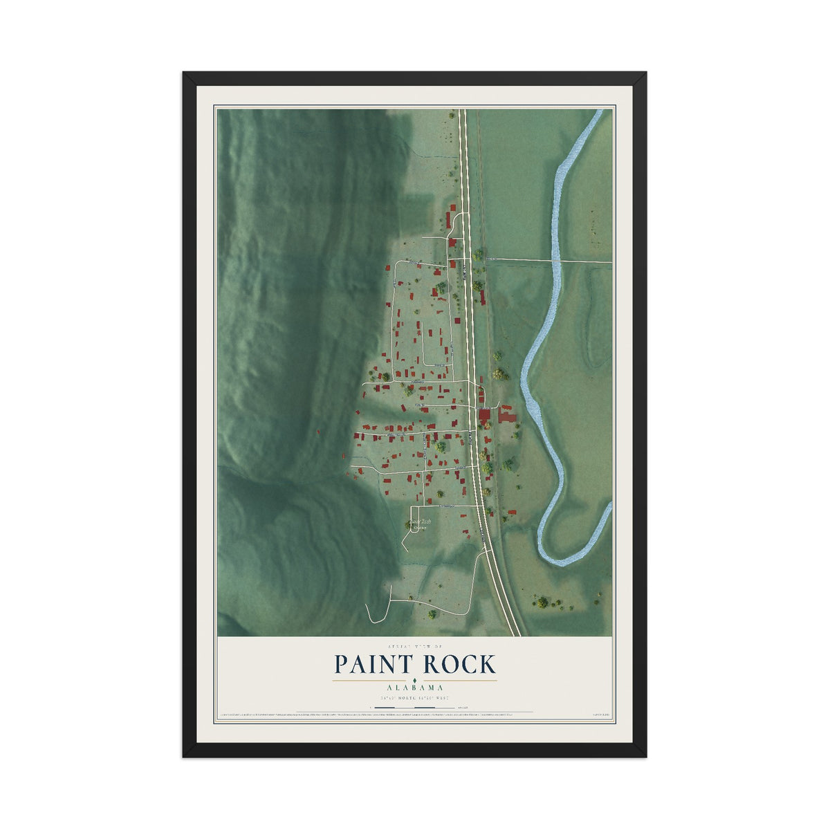 Map of Paint Rock, Alabama, 12 x 18 inch print in a black wood frame