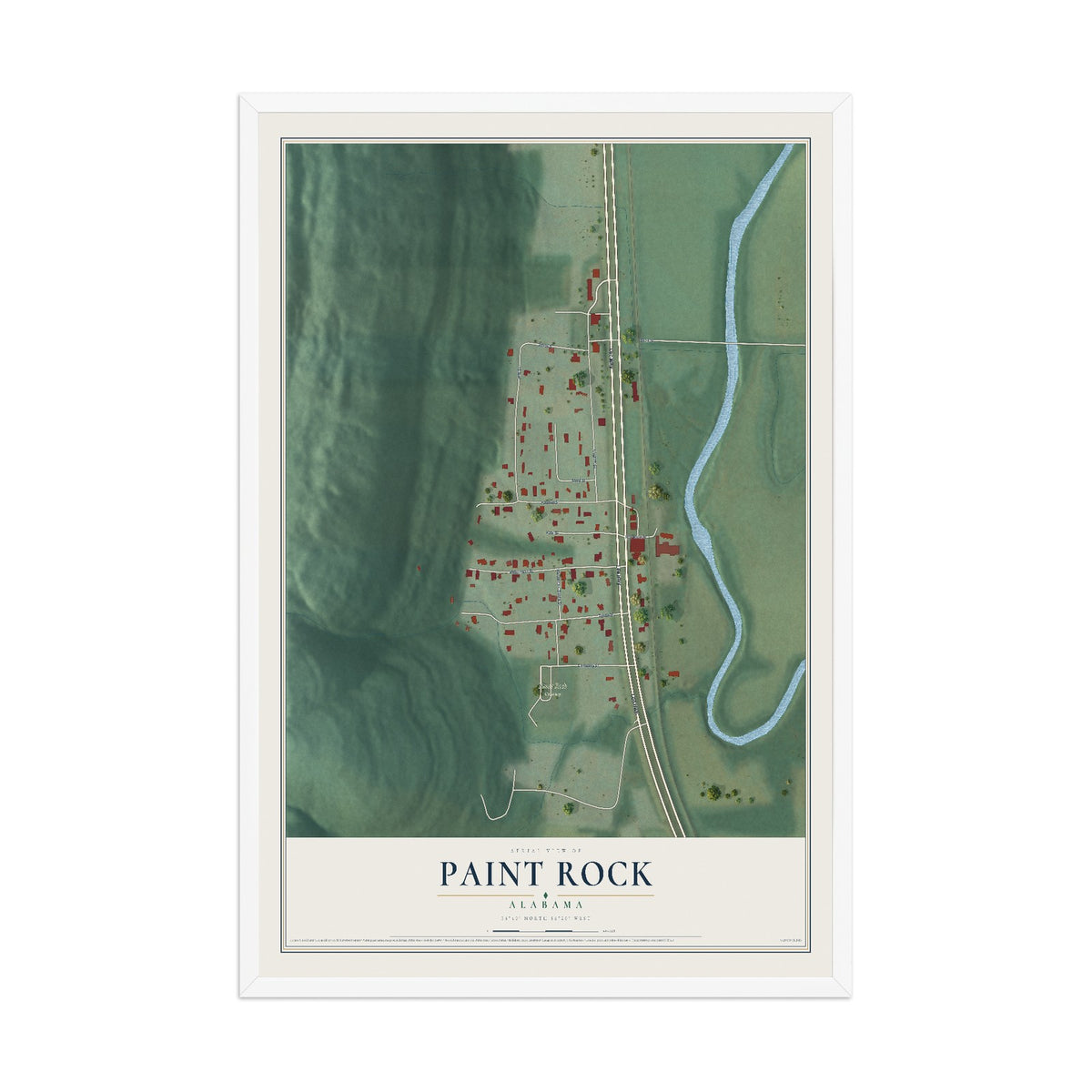 Map of Paint Rock, Alabama, 12 x 18 inch print in a white wood frame