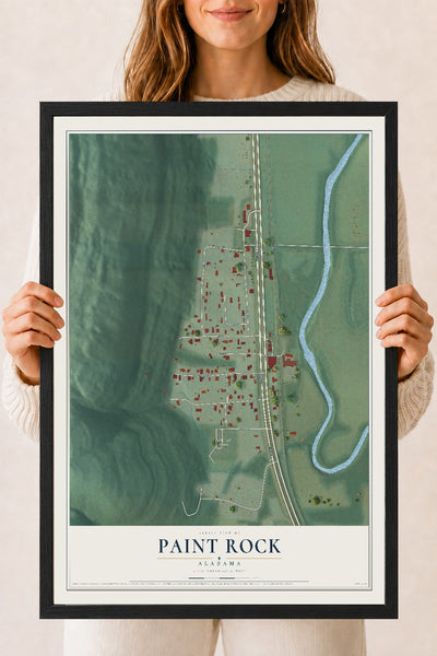 Map of Paint Rock, Alabama, 18 x 24 inch print in a black wood frame