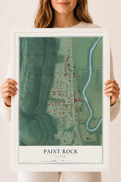 Map of Paint Rock, Alabama, 18 x 24 inch print in a white wood frame
