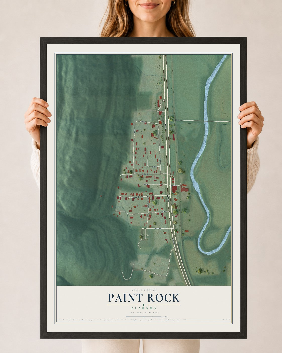 Map of Paint Rock, Alabama, 24 x 36 inch print in a black wood frame