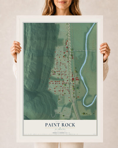 Map of Paint Rock, Alabama, 24 x 36 inch print in a white wood frame