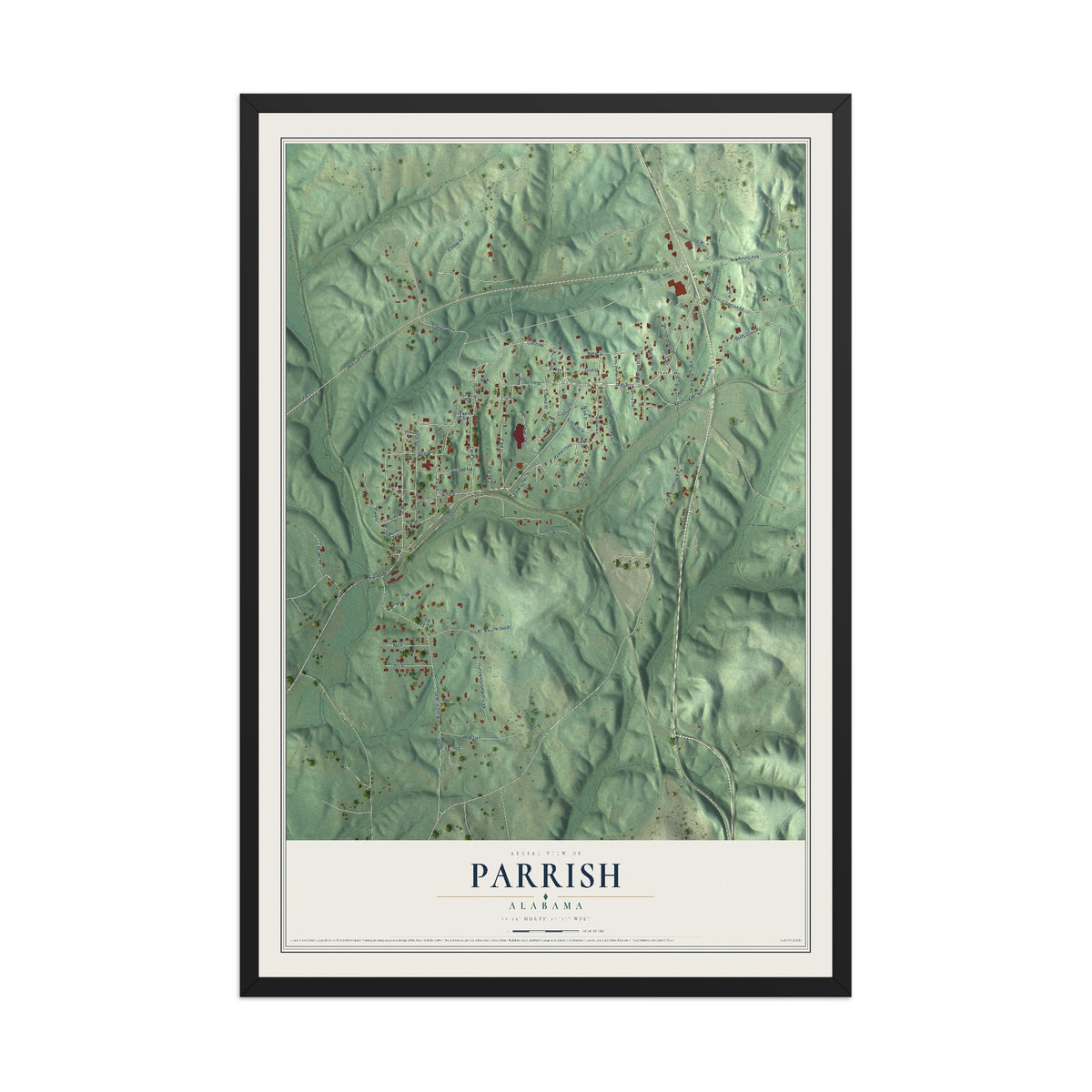 Map of Parrish, Alabama, 12 x 18 inch print in a black wood frame