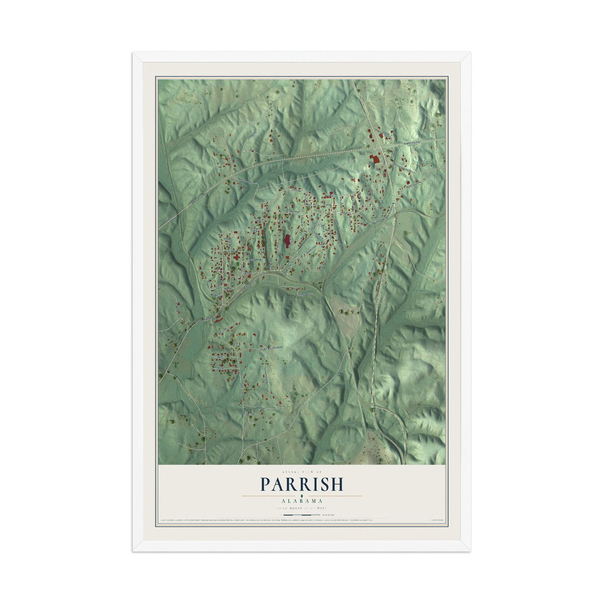Map of Parrish, Alabama, 12 x 18 inch print in a white wood frame