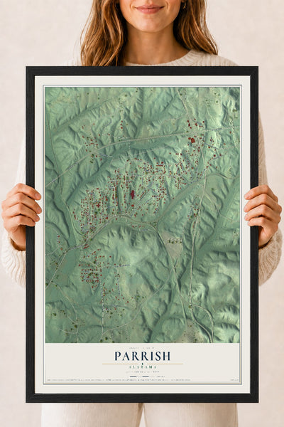 Map of Parrish, Alabama, 18 x 24 inch print in a black wood frame