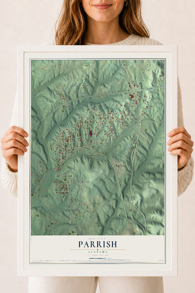 Map of Parrish, Alabama, 18 x 24 inch print in a white wood frame