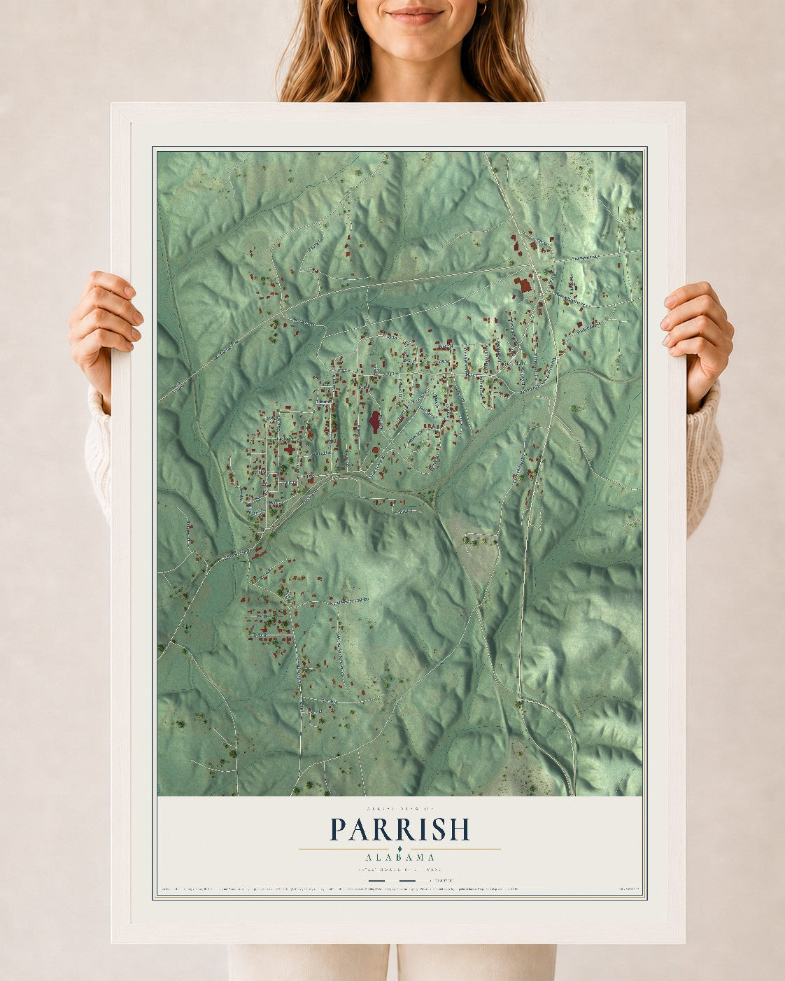 Map of Parrish, Alabama, 24 x 36 inch print in a white wood frame