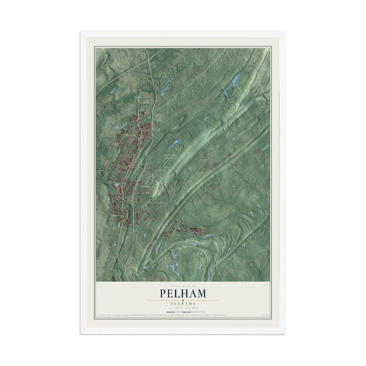 Map of Pelham, Alabama, 12 x 18 inch print in a white wood frame