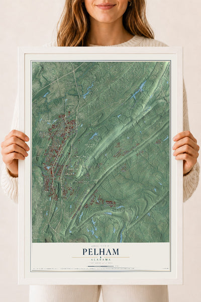 Map of Pelham, Alabama, 18 x 24 inch print in a white wood frame