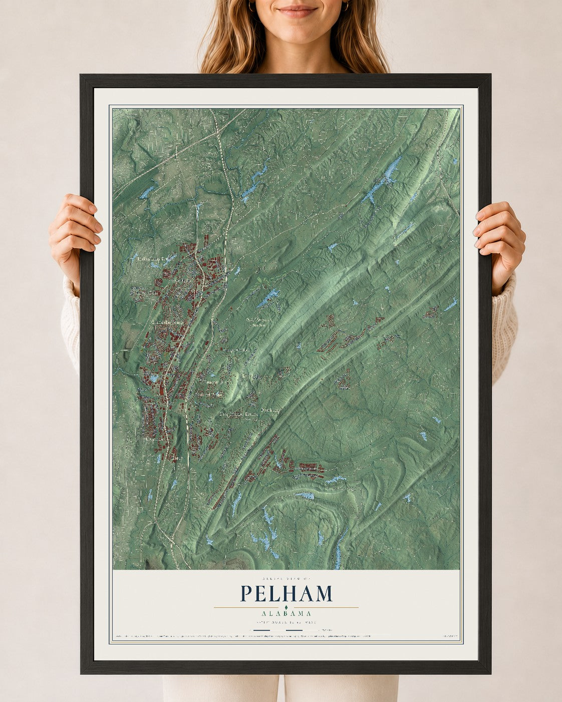 Map of Pelham, Alabama, 24 x 36 inch print in a black wood frame