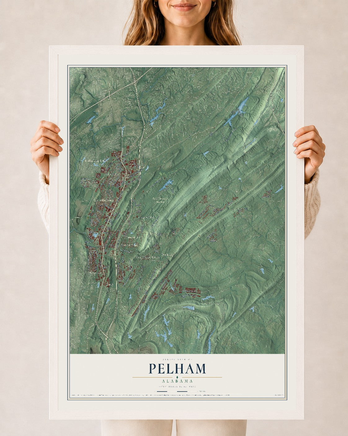Map of Pelham, Alabama, 24 x 36 inch print in a white wood frame