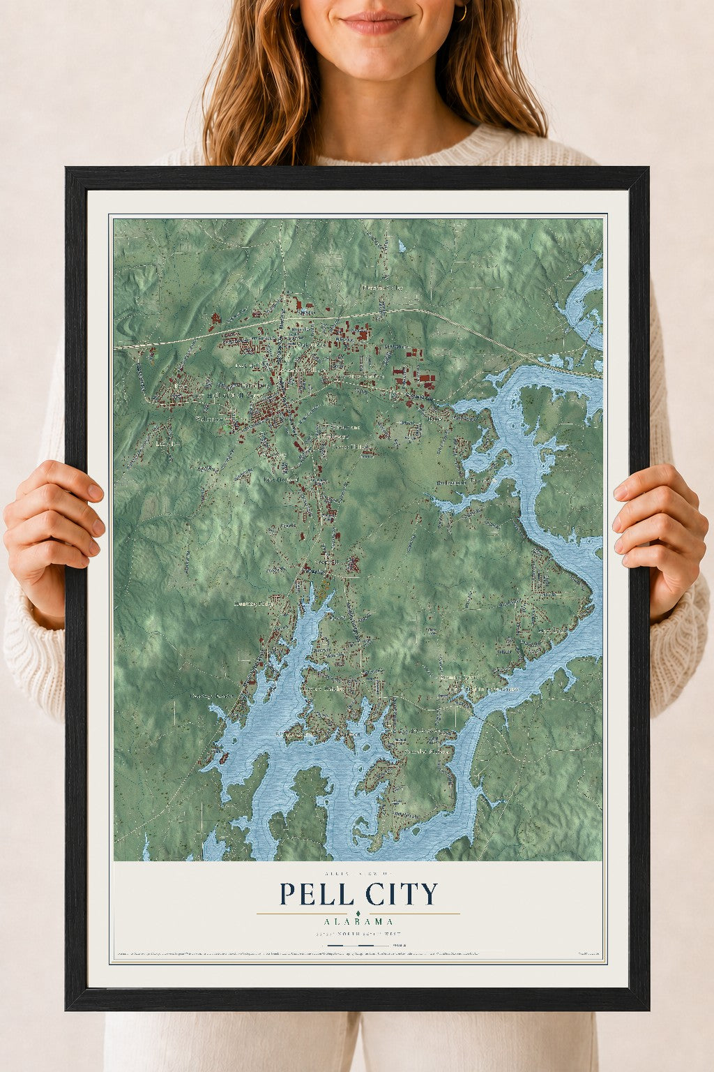 Map of Pell City, Alabama, 18 x 24 inch print in a black wood frame