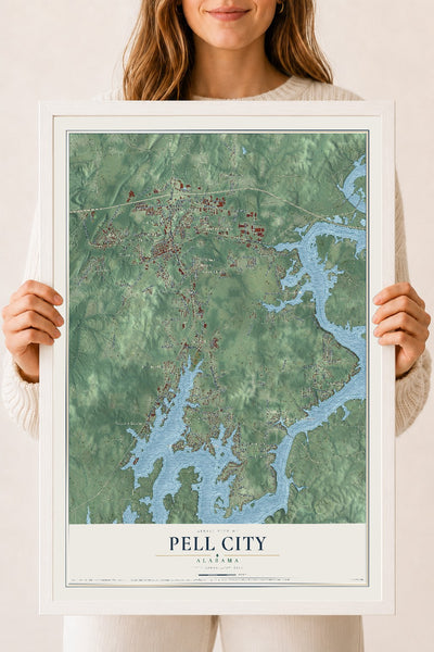 Map of Pell City, Alabama, 18 x 24 inch print in a white wood frame