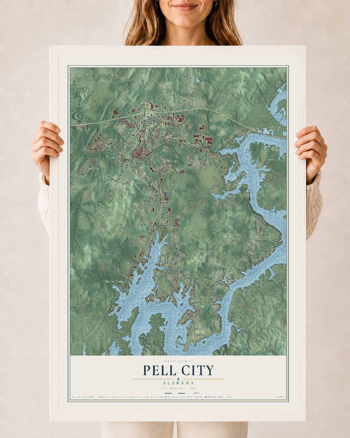 Map of Pell City, Alabama, 24 x 36 inch print in a white wood frame