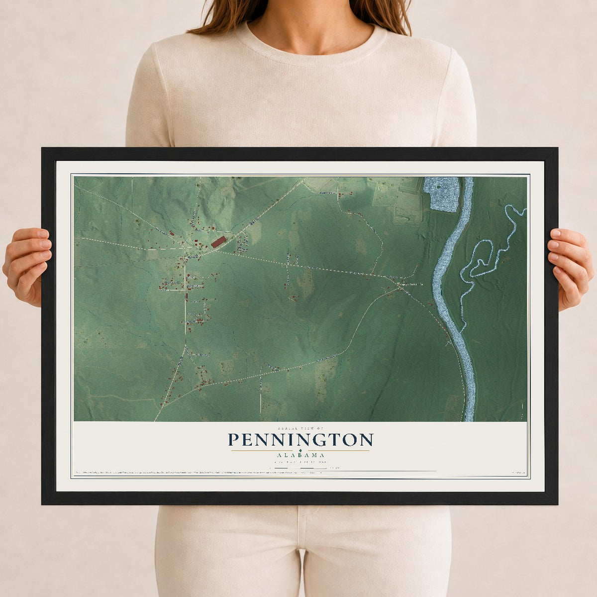 Map of Pennington, Alabama, 12 x 18 inch print in a black wood frame