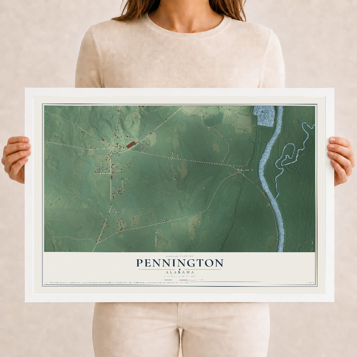 Map of Pennington, Alabama, 12 x 18 inch print in a white wood frame