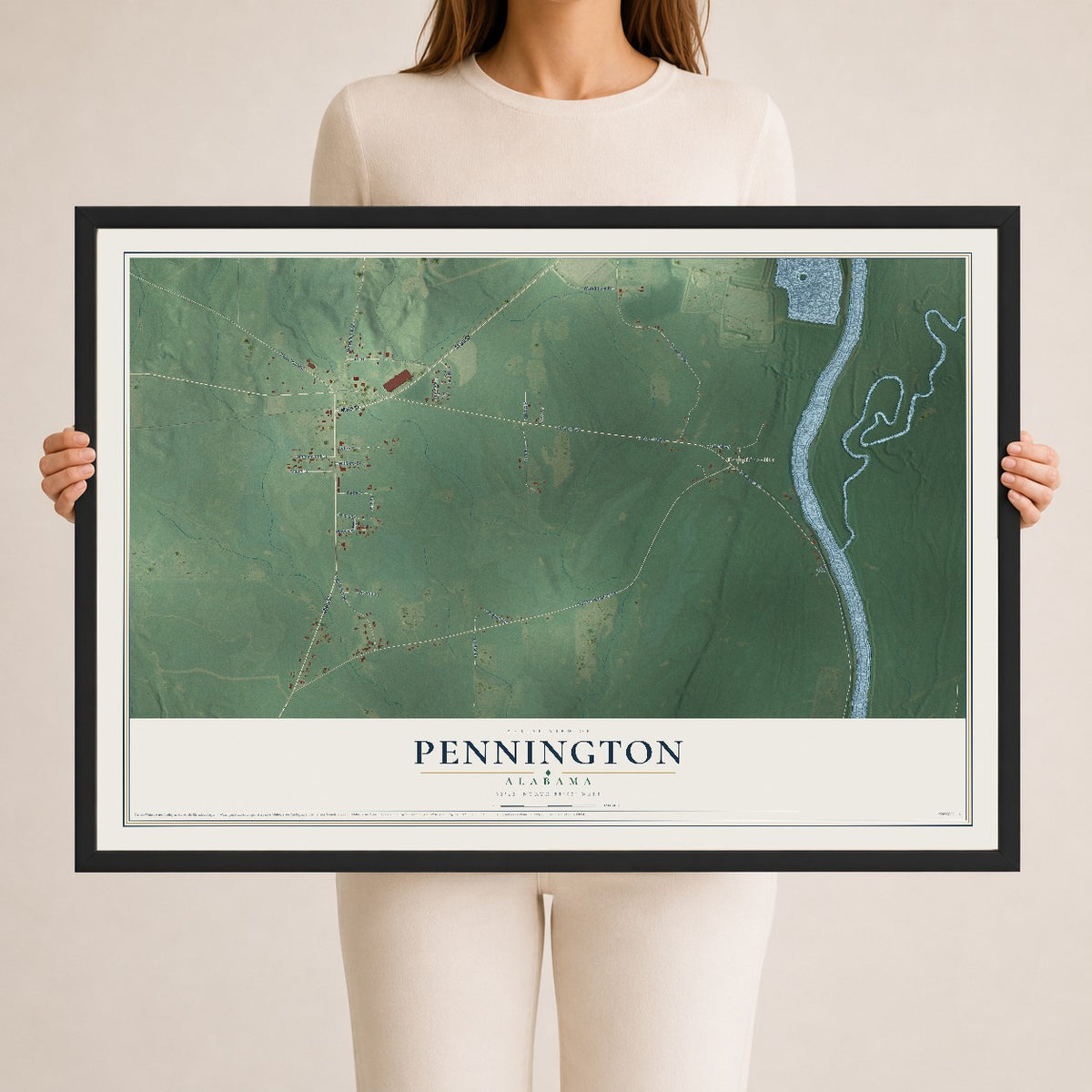 Map of Pennington, Alabama, 24 x 36 inch print in a black wood frame