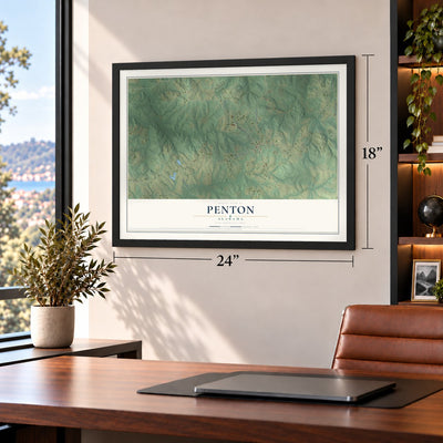 Penton, Alabama map, 18 x 24 inch print in a black frame in a home office