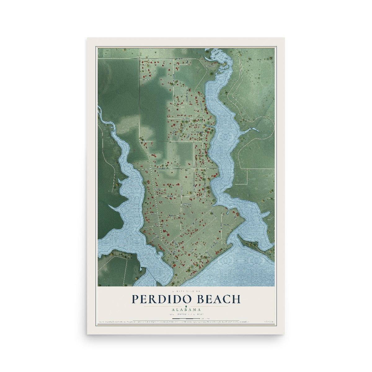 Map of Perdido Beach, Alabama, 12 x 18 inch unframed archival matte print