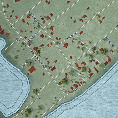 Second close-up of the map of Perdido Beach, Alabama print showing more streets and buildings