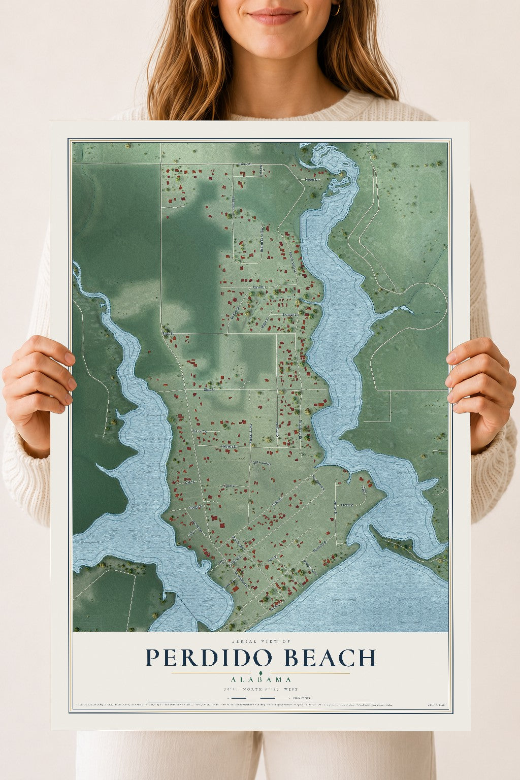 Map of Perdido Beach, Alabama, 18 x 24 inch unframed archival matte print