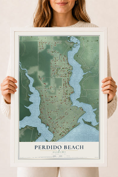 Map of Perdido Beach, Alabama, 18 x 24 inch print in a white wood frame