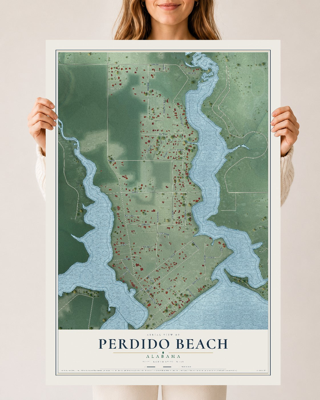 Map of Perdido Beach, Alabama, 24 x 36 inch unframed archival matte print