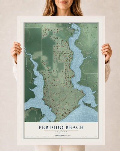 Map of Perdido Beach, Alabama, 24 x 36 inch print in a white wood frame