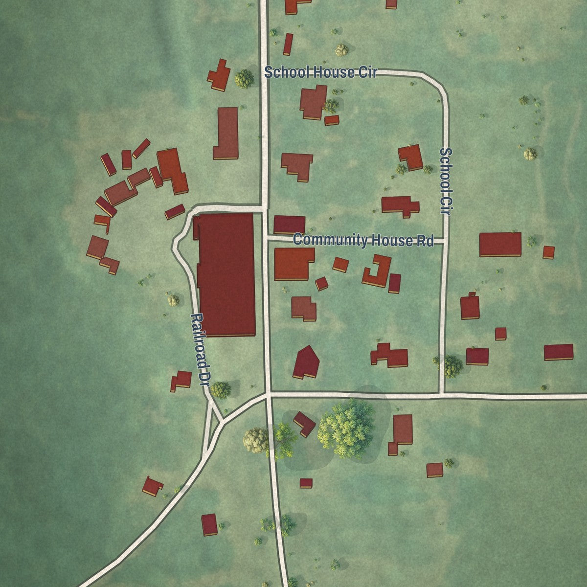 Close-up of the map of Petrey, Alabama print showing street and building detail