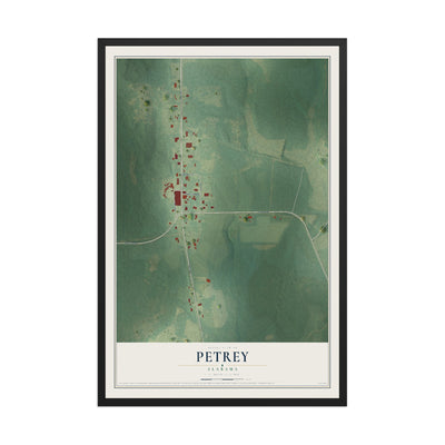 Map of Petrey, Alabama, 12 x 18 inch print in a black wood frame