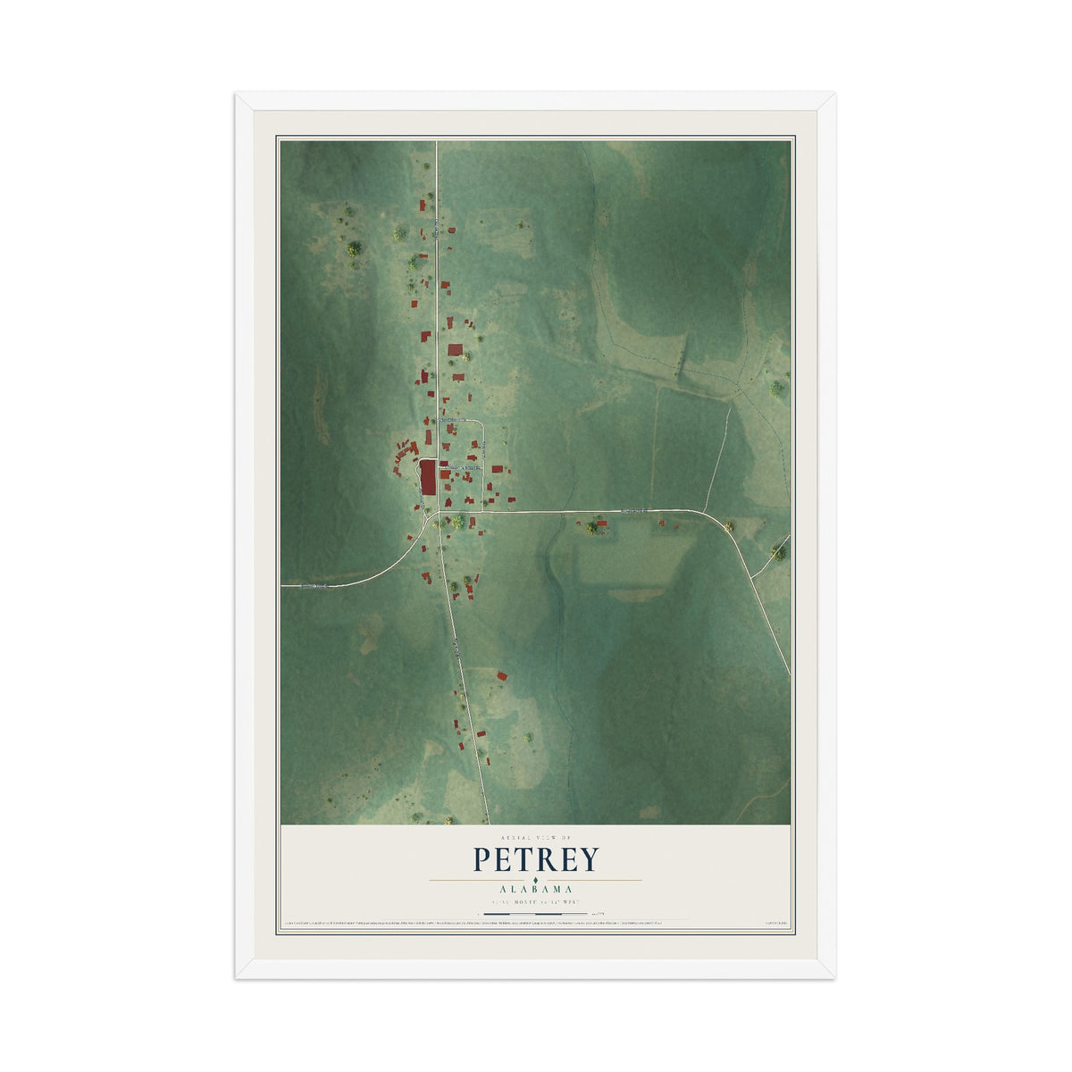 Map of Petrey, Alabama, 12 x 18 inch print in a white wood frame