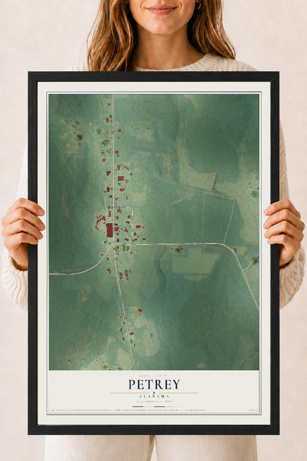Map of Petrey, Alabama, 18 x 24 inch print in a black wood frame