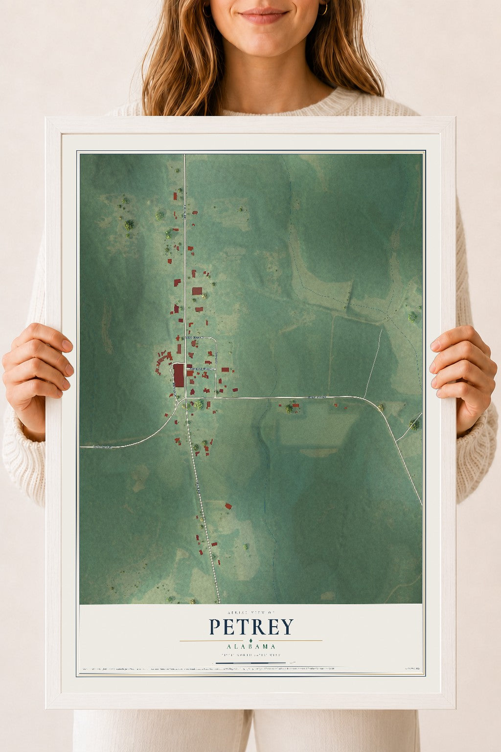 Map of Petrey, Alabama, 18 x 24 inch print in a white wood frame